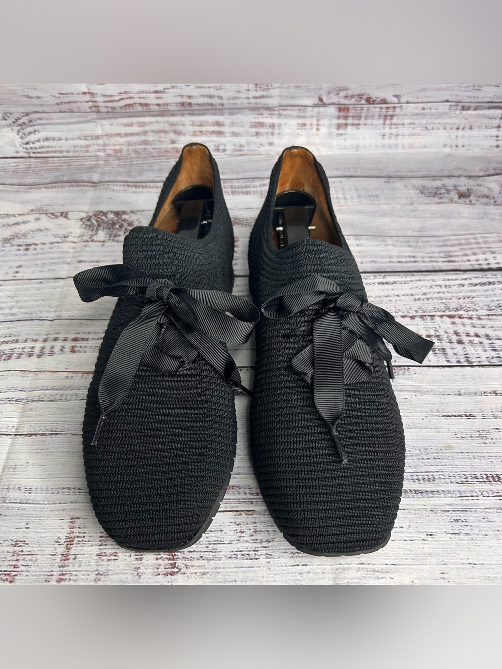 Black Knit Slip-On Women's Sneakers with Ribbon Laces — Lightweight Comfort - Picture 2 of 6